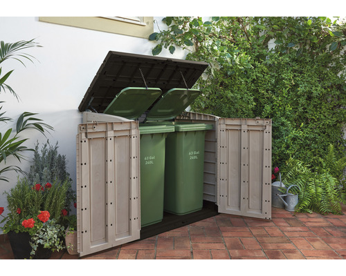 Mülltonnenbox aus Kunststoff mit zwei Mülltonnen im Garten