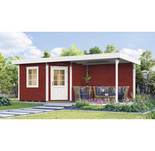Abri de jardin avec terrasse couverte et mobilier de jardin sur pelouse