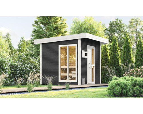 Saunahaus Weka Kuopio inkl.9 kW Ofen u.ext.Steuerung mit Fenster und Holztüre mit Isolierglas wärmegedämmt anthrazit/weiß Moderne Gartensauna mit Fenster und Tür auf Holzterrasse