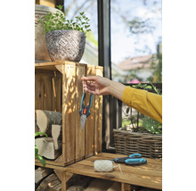 Szene im Garten mit Pflanzkasten, Holzscheiten, Gartenschere und einer Person