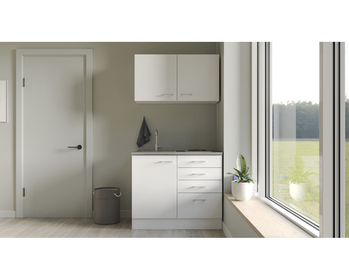 Kitchenette équipée Flex Well Lucca 100 cm façade blanche mate, corps blanc variante réversible