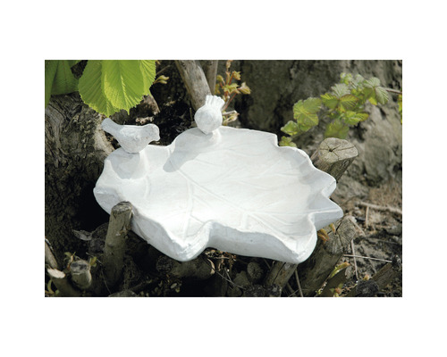 Blattförmiges Vogelbad mit zwei Vogelfiguren