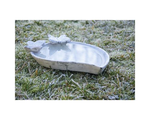 Abreuvoir à oiseaux en pierre avec motifs de papillons dans le jardin