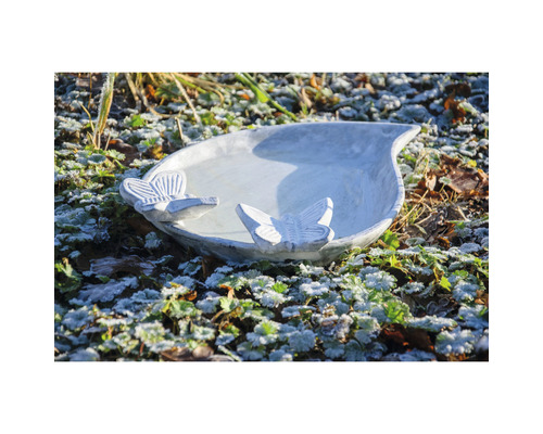 Abreuvoir à oiseaux en pierre avec ornements de papillons