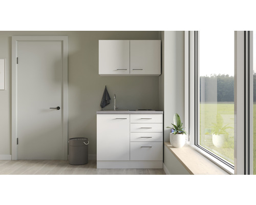 Kitchenette équipée Flex Well Varo 100 cm façade blanche mate, corps blanc variante réversible