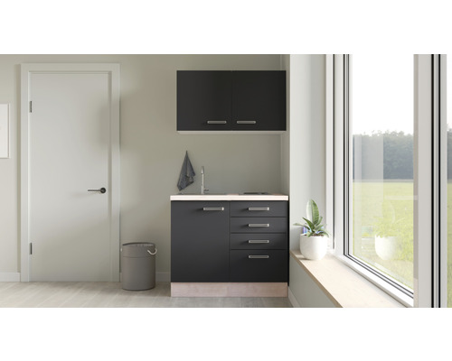 Kitchenette équipée Flex Well Santo 100 cm façade anthracite mate, corps chêne clair san remo variante réversible