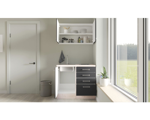 Petite kitchenette avec évier, meuble bas avec tiroirs et meuble haut