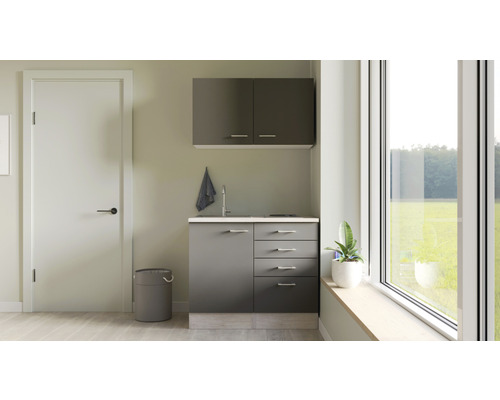 Kitchenette équipée Flex Well Tiago 100 cm façade gris basalte mate, corps chêne clair san remo variante réversible