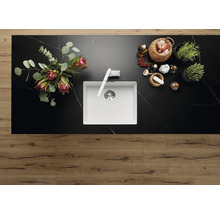 Vue de dessus d''une cuisine avec un évier, un robinet, des fleurs, des herbes et des épices sur un plan de travail