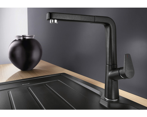 Robinet de cuisine noir avec évier et vase