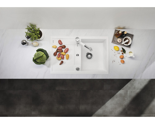 Ansicht einer Spüle auf einer Küchentheke mit Gemüse