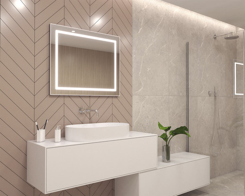 Modernes Badezimmer mit beleuchtetem Spiegel, Waschbecken und Dusche