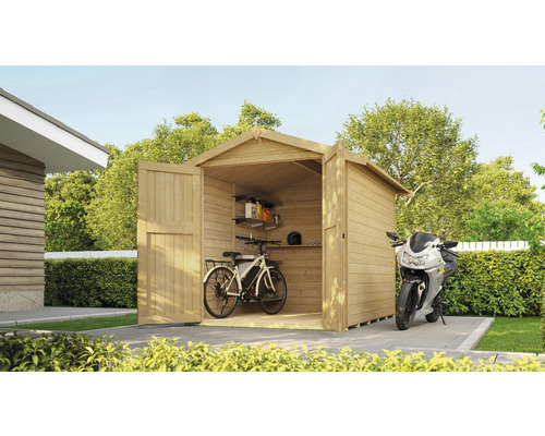 Scène de jardin avec abri de jardin en bois, vélo et moto