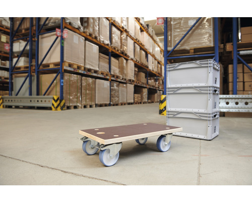 Rollbrett mit Lenkrollen und drei Kunststoffboxen im Lager