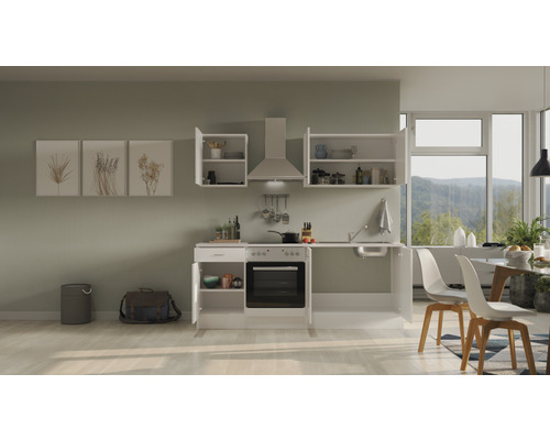 Komplette Küche mit Hängeschränken, Dunstabzugshaube, Spüle und Elektroherd in einem hellen Raum