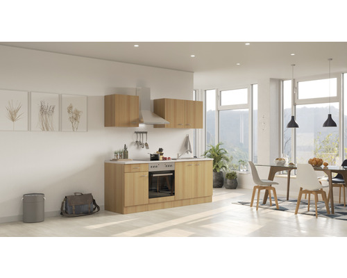 Helle Küche mit Essbereich, Küchenschränken, Dunstabzugshaube und Esstisch mit Stühlen