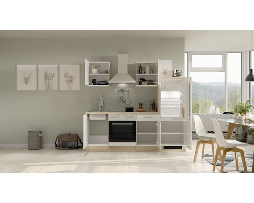 Einbauküche mit Spüle, Herd, Dunstabzugshaube und Kühlschrank in einem hellen Raum.