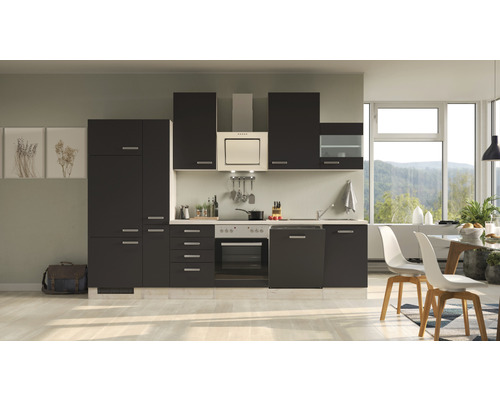 Bloc cuisine complète équipée Flex Well Santo 310 cm façade anthracite mate, corps chêne clair san remo variante réversible démonté