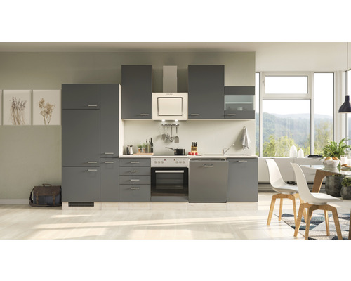 Bloc cuisine complète équipée Flex Well Tiago 310 cm façade gris basalte mate, corps chêne clair san remo variante réversible démonté