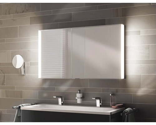 Salle de bains avec armoire de toilette, lavabo, robinets et accessoires