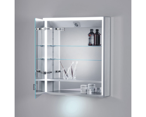 Armoire de toilette ouverte avec étagères en verre et éclairage