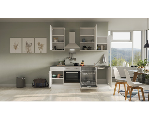 Helle Küche mit Einbauschränken, Spüle, Geschirrspüler und Esstisch