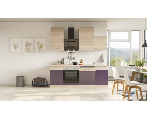 Flex Well Küchenzeile mit Geräten Focus 220 cm akazie aubergine matt zerlegt Variante reversibel