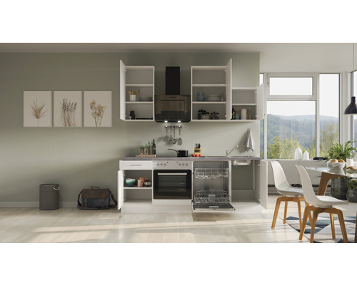 Küchenzeile mit Hängeschränken, Spüle, Herd, Backofen und Geschirrspüler in einer hellen Küche.