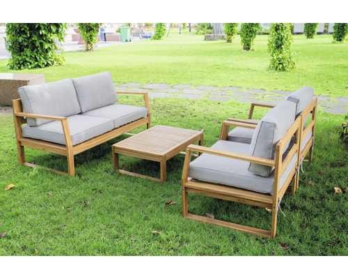 Ensemble de mobilier de jardin en bois avec canapé, fauteuil et table sur pelouse