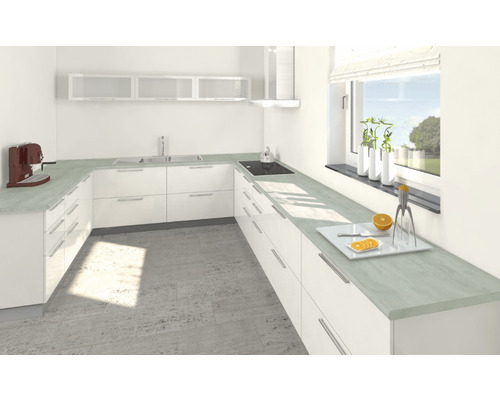 Cuisine claire avec évier, plaque de cuisson, plan de travail et appareils de cuisine