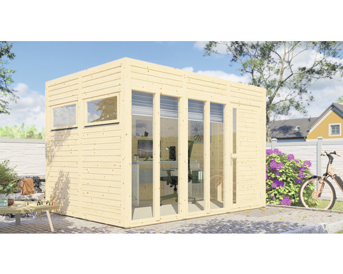 Gartenhaus aus Holz mit Fenstern und Tür