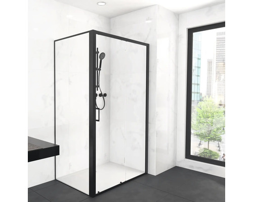 Porte de douche avec paroi latérale avec porte coulissante Aurlane 80 x 120 cm couleur du profilé noir décor de vitre verre transparent butée de paroi latérale à gauche butée de porte à droite