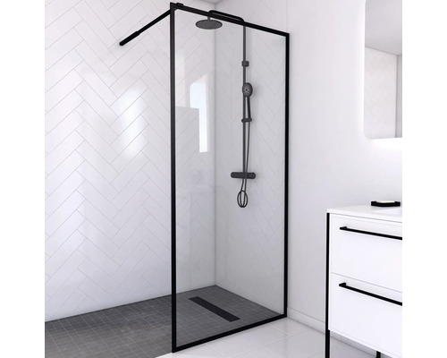 Douche à l'italienne Aurlane Dark Edge 90 cm couleur du profilé noir décor de vitre verre transparent