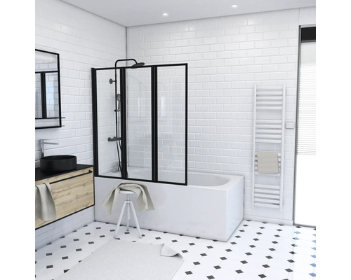 Pare-baignoire frontal avec feuille fixe + porte coulissante profilé noir  SU152 Kassandra - Habitium®