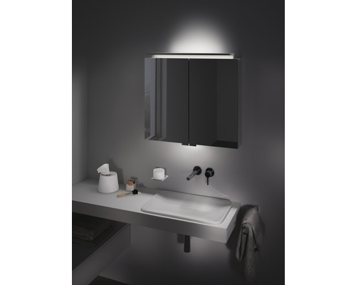 Salle de bain moderne avec armoire de toilette éclairée, lavabo et accessoires.