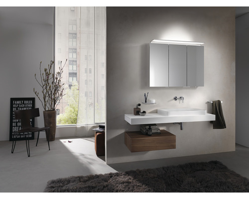 Modernes Badezimmer mit Waschtisch, Spiegelschrank und Dekoration für ein stilvolles Ambiente