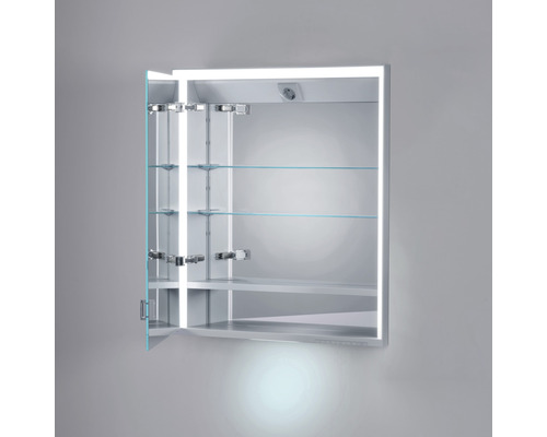 Armoire de toilette ouverte avec éclairage et étagères en verre