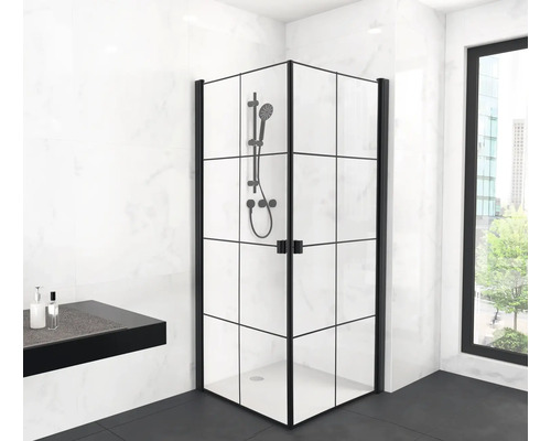 Eckeinstieg mit Pendeltür Aurlane 90 x 90 cm Profil schwarz Glasdekor Industrie Design Reversibel