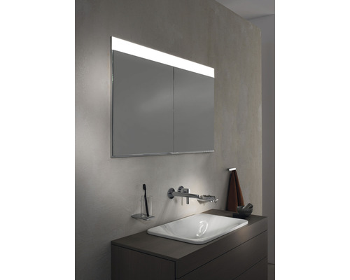 Salle de bains avec lavabo, armoire de toilette avec éclairage et robinet.