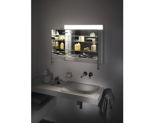 Salle de bains avec lavabo, robinet et armoire de toilette éclairée avec étagères en verre