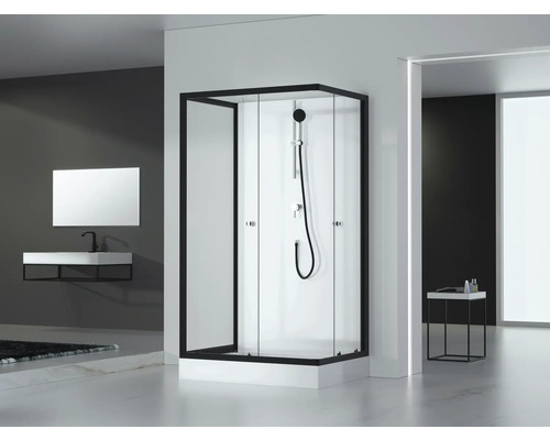 Salle de bain moderne avec cabine de douche, lavabo et miroir