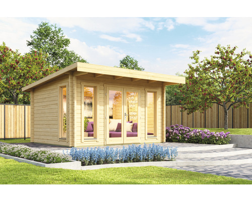 Gartenhaus Outdoor Life Barbados 3 Platin inkl. Fußboden 459 x 419 cm natur Gartenszene mit einem Holzgartenhaus mit Fenstern und Glastüren