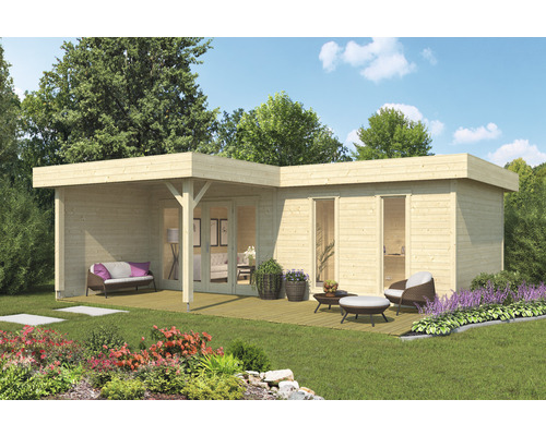 Gartenhaus Outdoor Life Brava 2 inkl. Anbau, Fußboden 750 x 639,9 cm natur Holzgartenhaus mit Terrasse und Gartenmöbeln im Garten