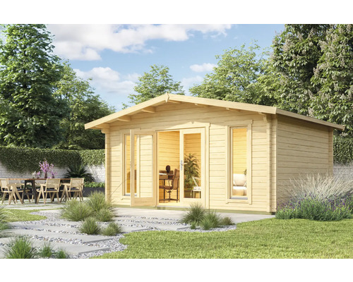 Abri de jardin Outdoor Life Elgin 70 mm avec plancher 540 x 430 cm naturel Maison de jardin en bois avec portes et fenêtres en verre dans le jardin