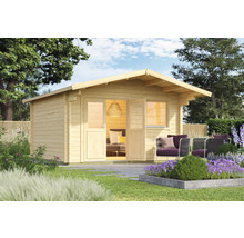 Holzgartenhaus mit Doppeltür und Fenster im Garten