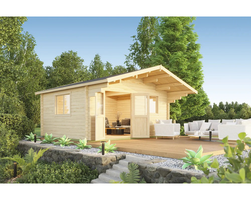 Abri de jardin Outdoor Life Zanzibar 1 avec plancher 535,1 x 560 cm naturel Maison de jardin en bois avec terrasse et meubles de jardin dans un jardin