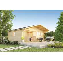 Gartenhaus aus Holz mit Terrasse und Gartenmöbeln