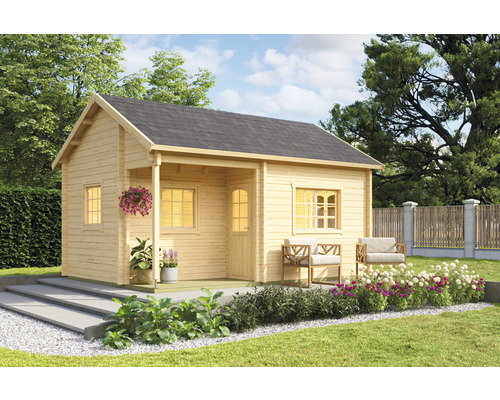 Abri de jardin Outdoor Life Tahiti avec mezzanine, plancher 440 x 580 cm naturel Abri de jardin en bois avec terrasse couverte et jardin