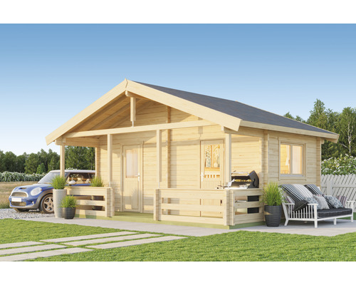 Gartenhaus Outdoor Life Twin Cabin inkl. Terrasse, Fußboden 680 x 480 cm natur Holzgartenhaus mit überdachter Veranda, Gartenmöbeln und Pkw