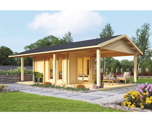 Abri de jardin Outdoor Life White Nile avec terrasse, plancher 466 x 790 cm naturel Maison de jardin en bois avec terrasse couverte dans le jardin